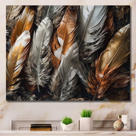 Designart "Gold Feather Extravaganza III" Glam Feather Wall Art Living Room