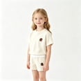 thumbnail image 4 of Rggeeun Boys Child Outfit Sets Solid Color Cartoon Print Short Sleeve Crew Neck Loose Plus Size Breathable Top & Elastic Wide Leg Shorts for Summer Daily Workout Fashion Wear,Beige,4-5 Years, 4 of 4