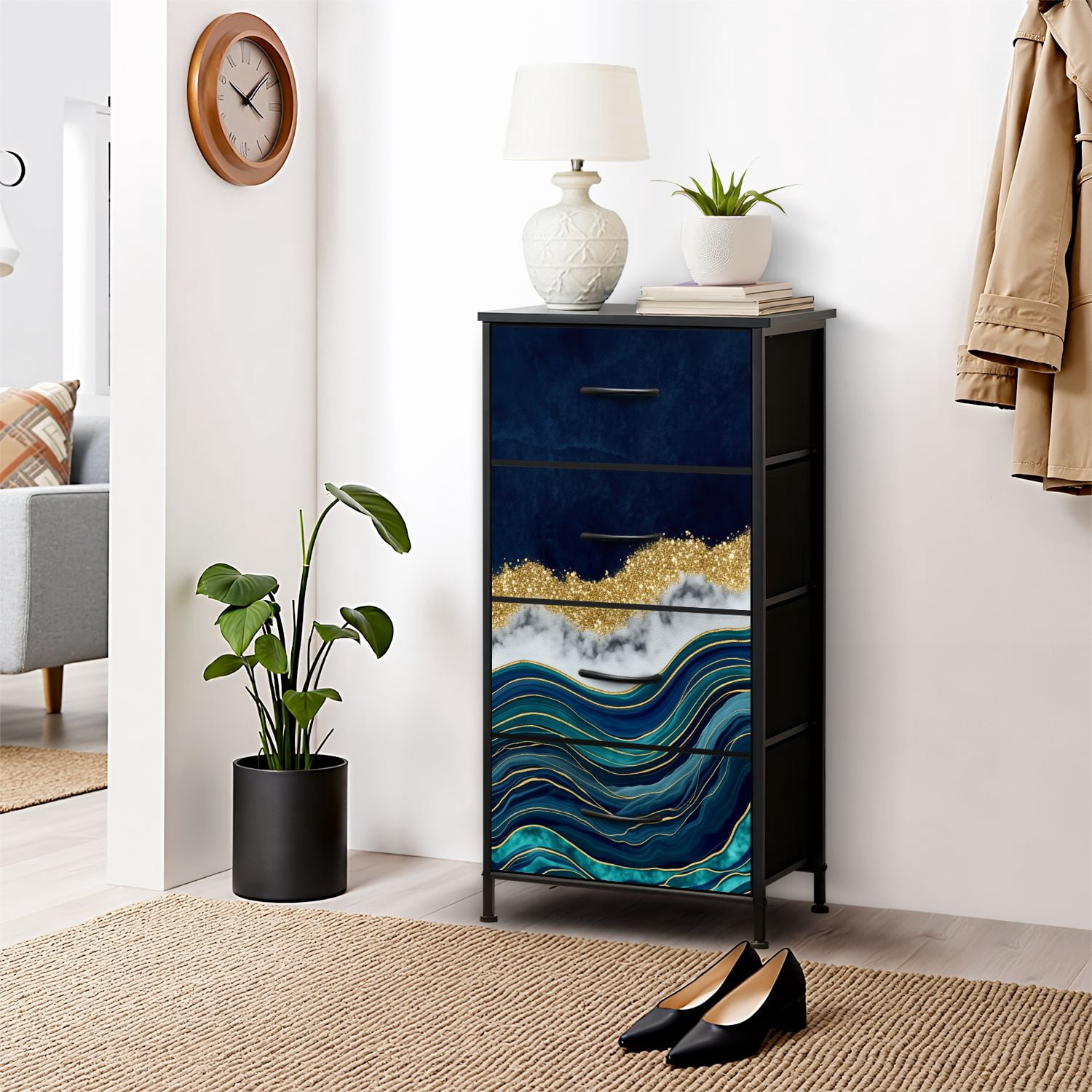Dresser for Bedroom with 4 Storage Drawers abstract blue agate golden veins white marble fake Dressers Chest of Drawers Steel Framed Fabric Closet Organizers for Dorm Entryway