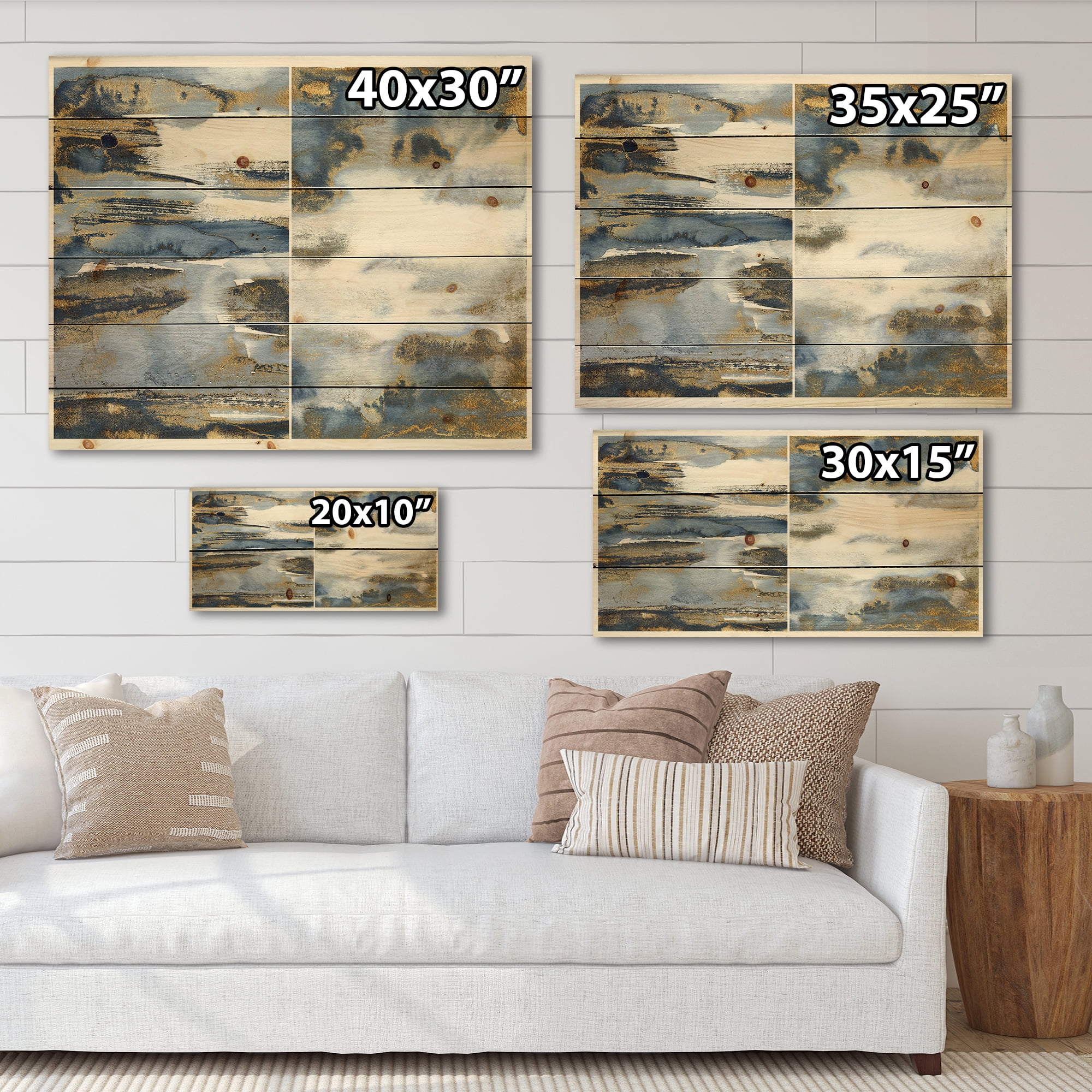 Designart 'Gold and Dark Blue Abstract Waves III' Modern Print on Natural Pine Wood