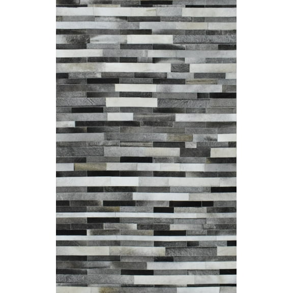 New Hairon 5x8 Leather Stripe Design Handmade Gray and Silver Area Rug, Hand Stitched Genuine Leather Rug | LR7