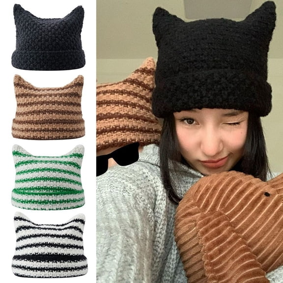WEISIPU Women Striped Beanie Hat Cute Cat Ears Winter Warm Cap Little Devil Knitted Hat