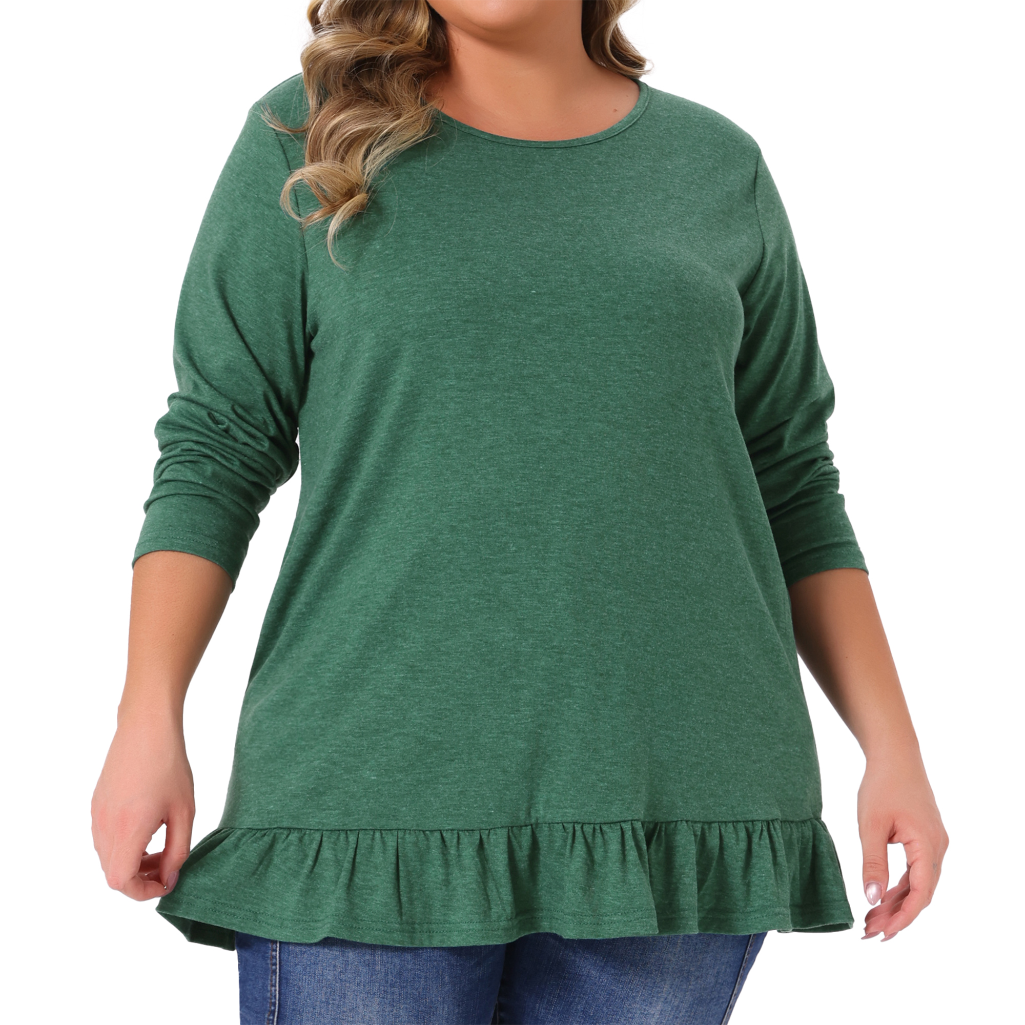 DARING DIVA Women's Plus Casual Long Sleeve Ruffled Hem Blouse 2X Green