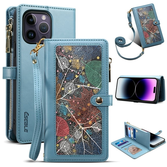 Flip Zipper Wallet Case for iPhone 14 Pro Max, Special Leaf Pattern with Card Holders Zipper Pocket Kickstand Detachable Shoulder Strap Handstrap Shockproof Case For iPhone 14 Pro Max,Blue