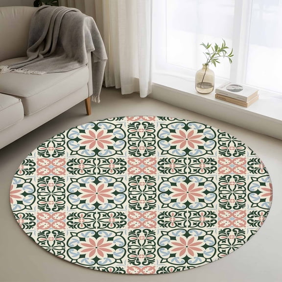 Round Rugs 3.3 Ft, Boho Flowers Non Slip Area Rugs for Kitchen Bedroom Entryway, Farmhouse Abstract Geometric Patterned Washable Carpet Runner Rug Floor Mats for Bedroom Home Decor