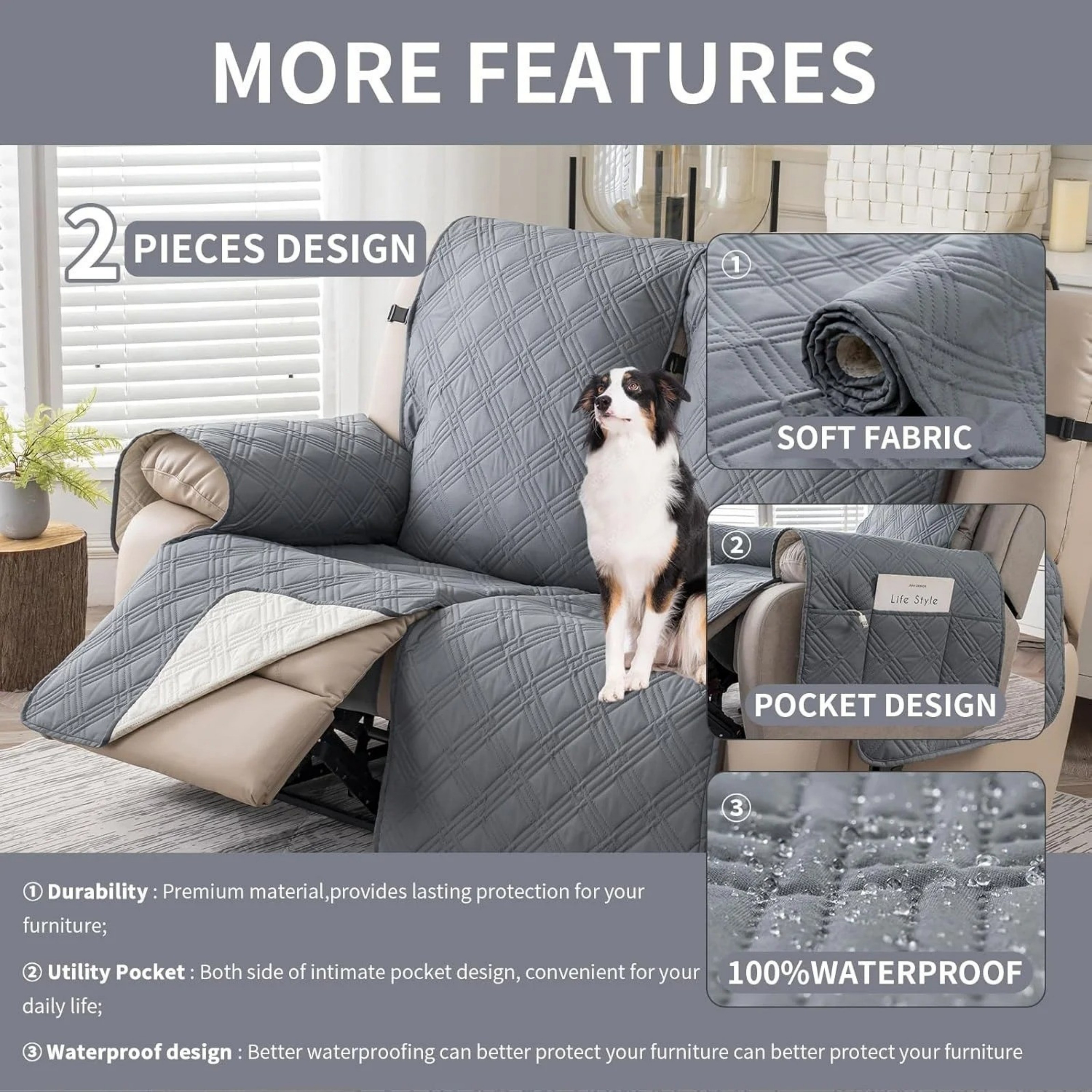 Lavish Cover 100% Waterproof Recliner Loveseat Cover, 2 Pieces Non-Slip Recliner Couch Slipcovers, Washable Furniture Protector with Pockets & Elastic Straps for Kids Pets, 2 Seaters, Light Gray