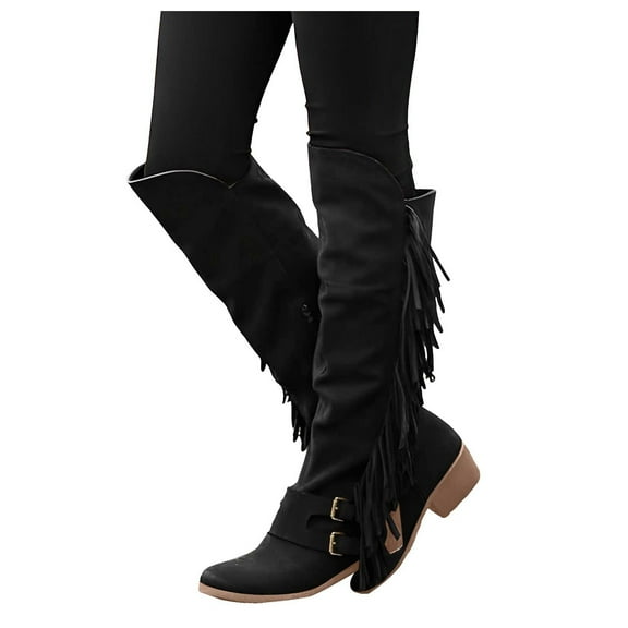 Winter Fall Fringe Knee High Cowboy Boots for Women Slouchy Chunky Mid Heel Buckle Wide Calf over The Knee Cowgirl Boots