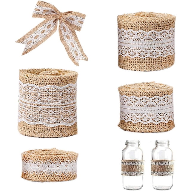 4 Rolls 2 Meter Jute Trim Burlap Ribbon,Rustic Burlap and Lace Ribbon,Hessian Lace Ribbon Roll for Decorations,White