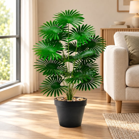 Wodellrrea Artificial Fan Palm Plants, 12 Leaves Each, 1 Piece, Faux Potted Greenery with Black Pot, Fake Tropical Plants for Living Room Home Office Indoor Decor, Easy Care, 23.6 in
