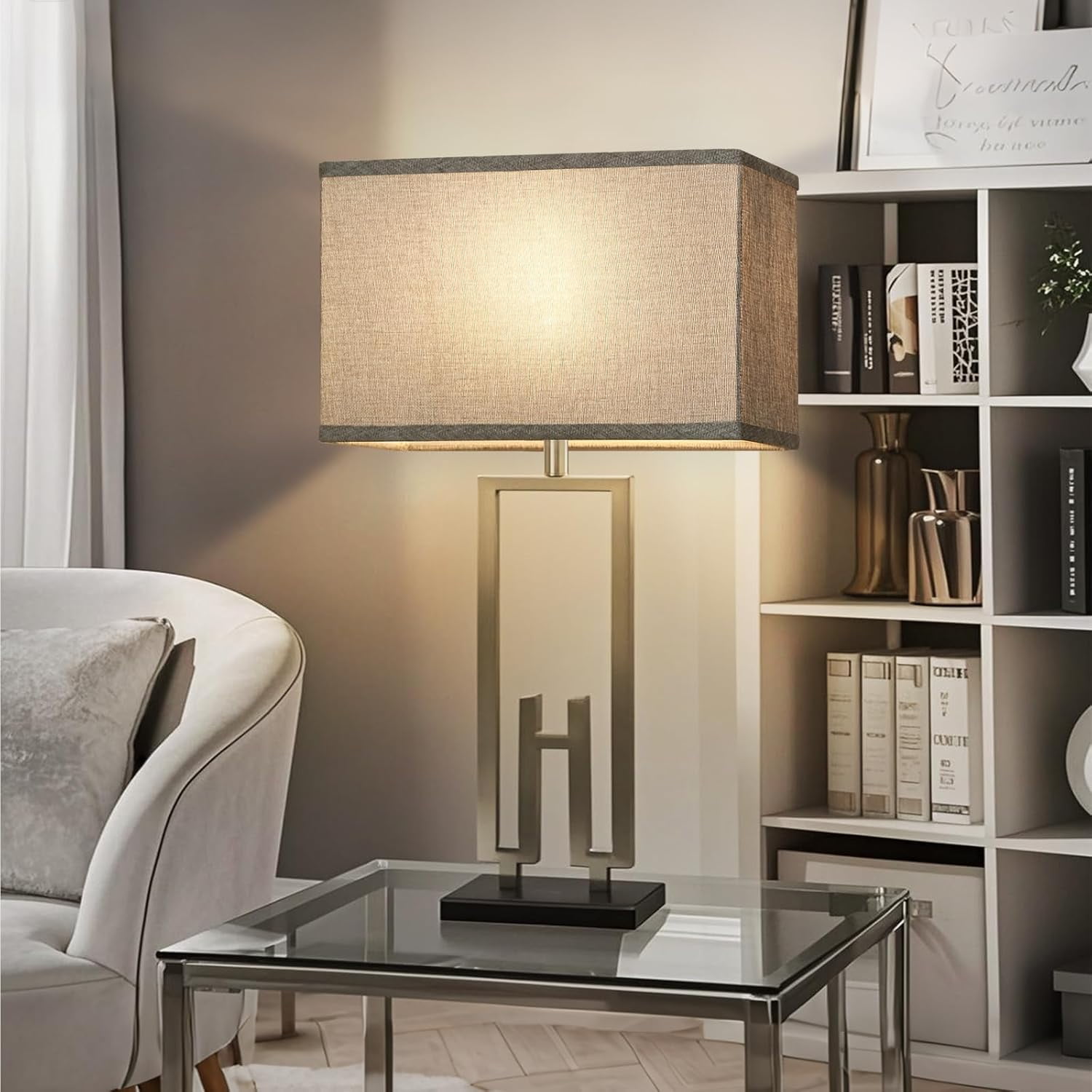 Rectangular Lamp Shades Set of 2, 16"L x 8"W x 10"H Large Lamp Shade, Gray Lampshades for Floor Lamps Table Lamps, Natural Linen Hand Crafted, Spider, Harp Holders Included, Easy Assembly Required