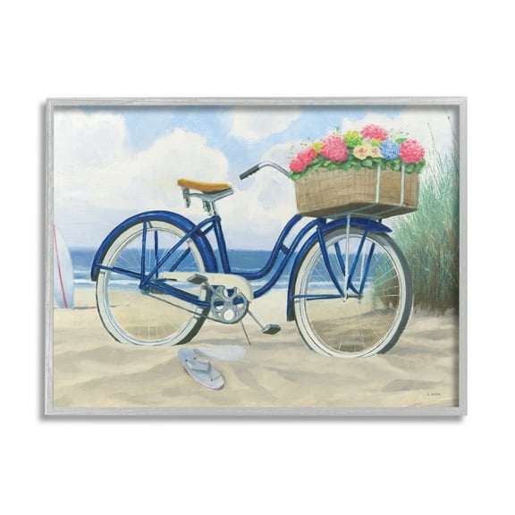 Stupell Industries Bike with Flower Basket Beach Blue Nautical Painting Gray Framed Art Print Wall Art, 24x30, by James Wiens