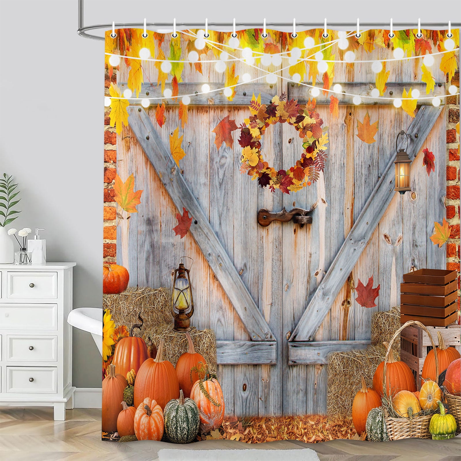 Fall Shower Curtain, Farmhouse Barn Door Pumpkin Bath Curtain, Rustic Autumn Thanksgiving Harvest Bathroom Curtain Bathtub Decor, Polyester Fabric Waterproof Bathroom Curtain with 12 Hooks 70X75in