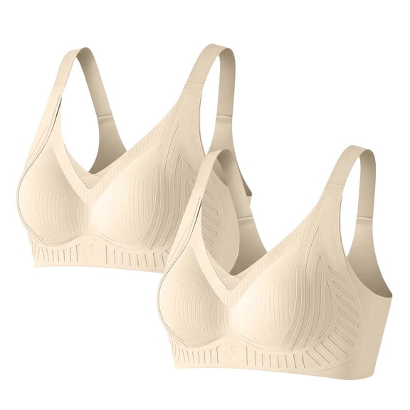 Hurxie 2 PC Women's Seamless Wireless Push Up Bras with Support and Lift No Underwire Full Coverage Sport Everyday Bra Beige ,XXL