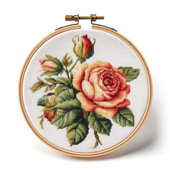 Generic Counted Easy Cross Stitch Kits Rose Color Stamped Embroidery for Starter Kits DIY 11CT Stamped Patterns Embroidery Needlework Kit Supplies 12 Inch Hoop Included(13-A)