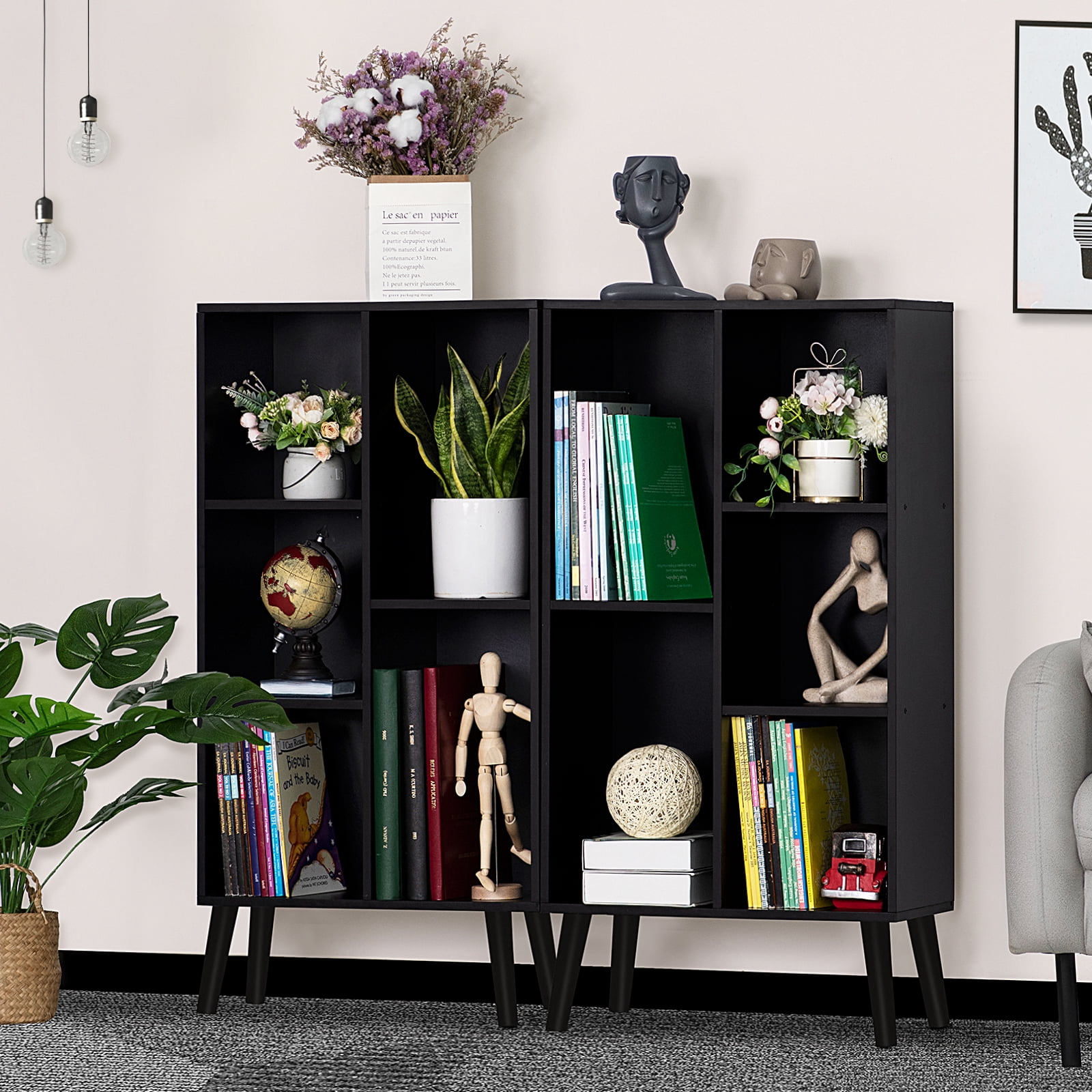 LELELINKY 5 Cube Open Shelf 5-Cube Storage Organizer Standard Wood Bookcase Bookshelf Wall Shelf 38" Tall Narrow Bookcase Display Stand Home Office, Black