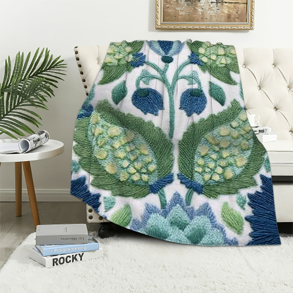 Creowell Lightweight Flannel Blanket Blue Green Leaves Design All-Season 60*80in