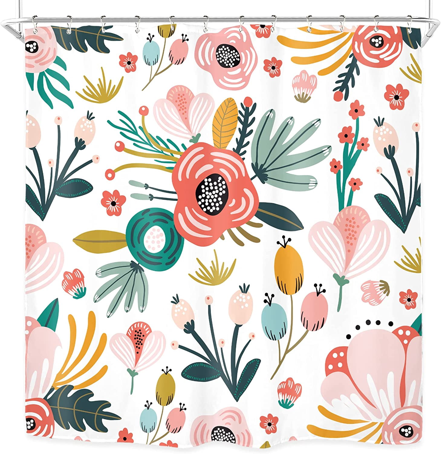 Pink Floral Shower Curtain for Bathroom Decor 72Wx72H Watercolor Colorful Flower Tropical Leaves Spring Botanical Sage Green Art Printed Fabric Polyester Waterproof 12 Pack Plastic Hooks