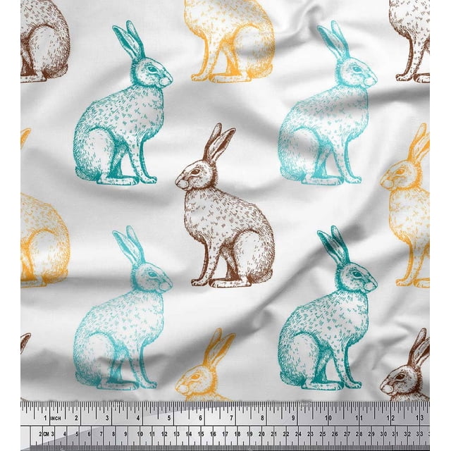 Soimoi White Poly Georgette Fabric Rabbit Animal Print Sewing Fabric metre 52 Inch Wide