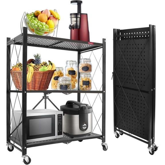 3 Tier Foldable Storage Shelves with Wheels, Kitchen Appliance Stand, Freestanding Metal Wire Shelf Rack, No Assembly Organizer Rolling Cart for Garage, Basement, Pantry, Black