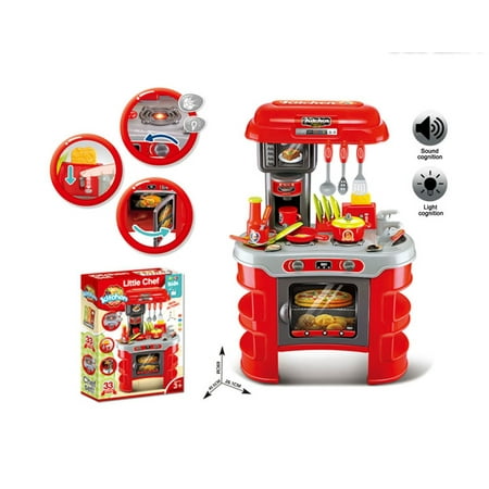 Kitchen Set RED with music and light, Cooking Toys Little Chef, Kids functional kitchen table set with cookware and plastic food 33