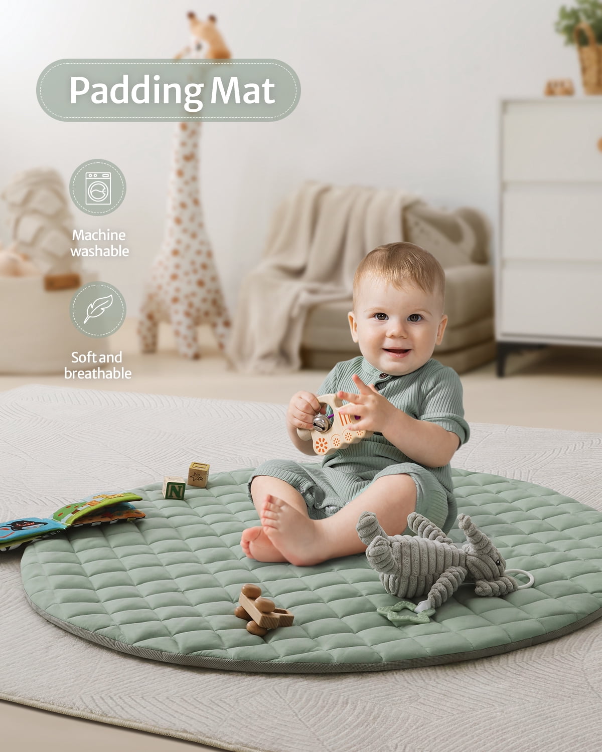 Blissful Diary Baby Play Gym Activity Mat, Tummy Time Mat Play Mat with 6 Sensory Toys for Motor Skill Development, Newborn Infant Baby Essentials Gift for Boys Girls, Sage Green