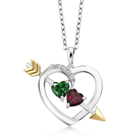 Gem Stone King 1.09 Cttw Green Nano Emerald and Red Rhodolite Garnet Heart Pendant Necklace for Women | 925 Silver and 10K Yellow Gold | Gemstone Birthstone | With 18 inch Chain