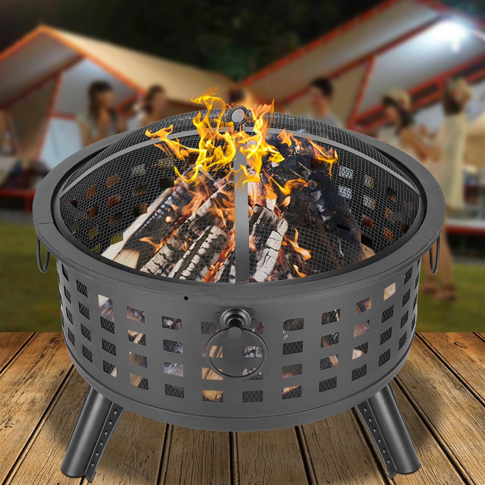 3-in-1 Outdoor Fire Pit, Heavy Duty Metal Fire Pit with Spark Mesh Cover  and Poker, 26 in Outdoor Grill/Ice/Fire Pit, Wood Burning Bonfire Bowl Pit,  for Backyard, Patio, Party, BBQ, Black, D2845 