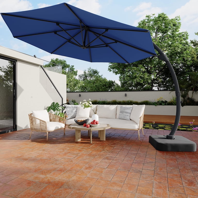 heavy duty aluminum round patio tilt umbrella Base with 4 Wheels and 2 Locks, Fillable Market Umbrella Stand rib structure (7 main ribs plus 2 structural supports) that provides exceptional stability for long Memoryfield Outdoor Large Round Aluminum