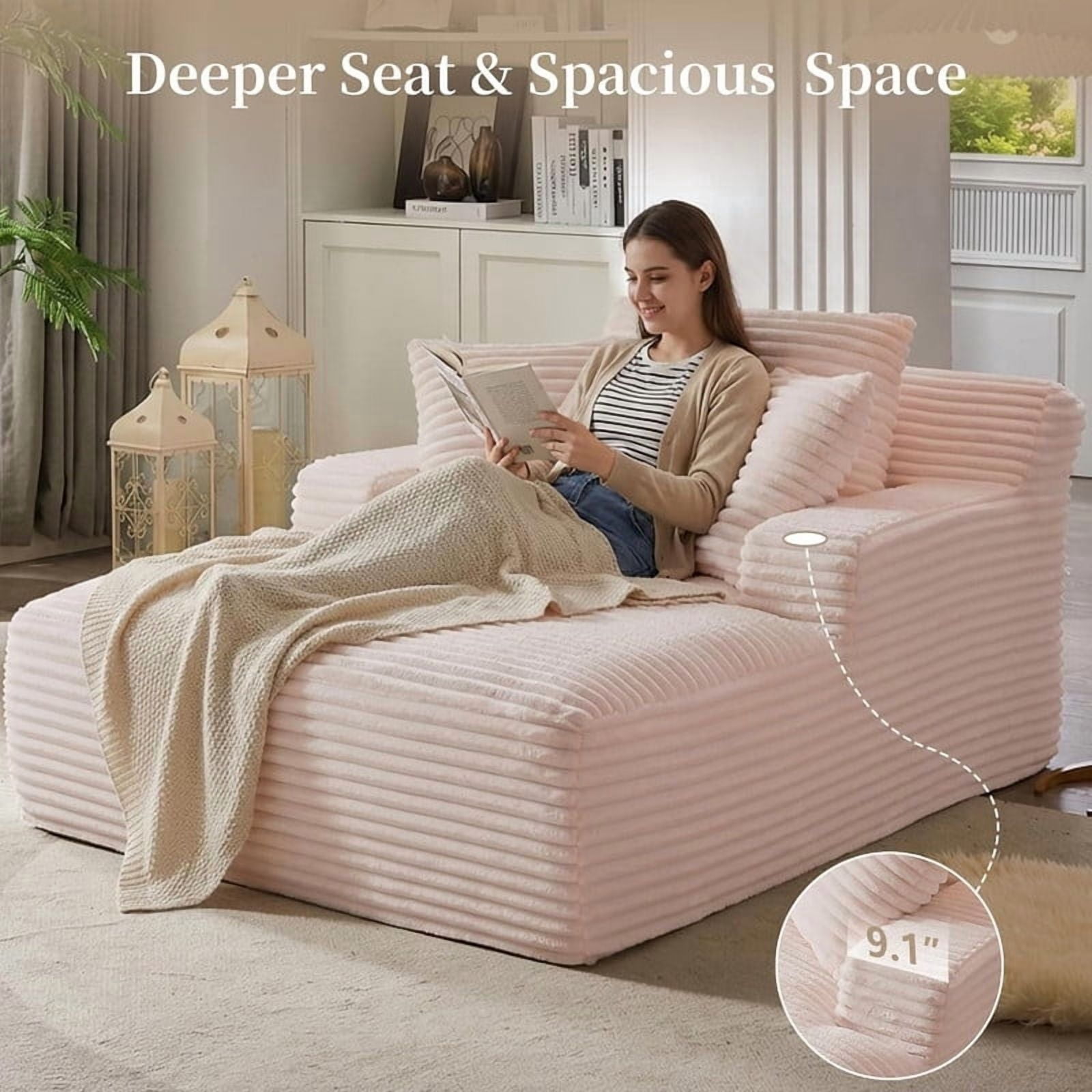 Oversized Chaise Lounge Chair Indoor, Upholstered Sofa Bed Sleeper Sofa Corduroy Cloud Couch Boneless Sofa Reading Chair with 3 Pillows for Living Room, 49.2''x66.1''