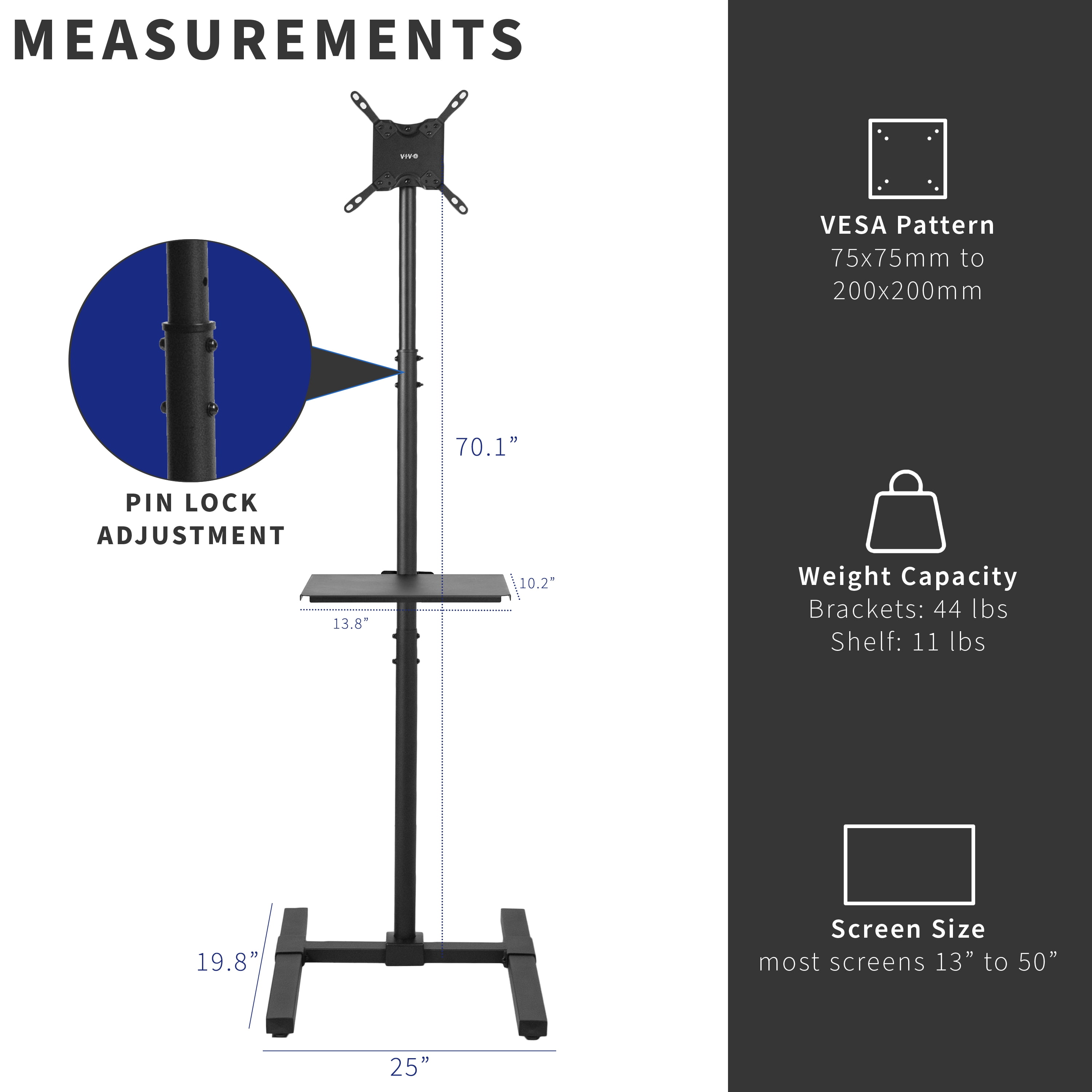 VIVO Extra Tall TV Floor Stand for 13" to 50" Screens, Adjustable Mount w/ Shelf