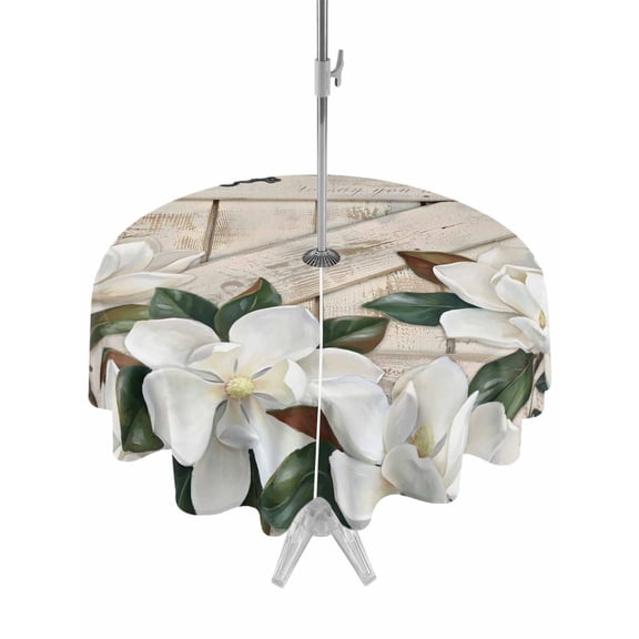 Outdoor Tablecloth with Umbrella Hole for Patio/Picnic/Party/Camping, Spring Floral Waterproof Table Cloth Round Cover Washable, White Magnolia Flowers Barn Door Farmhouse Beige (Dia 54")