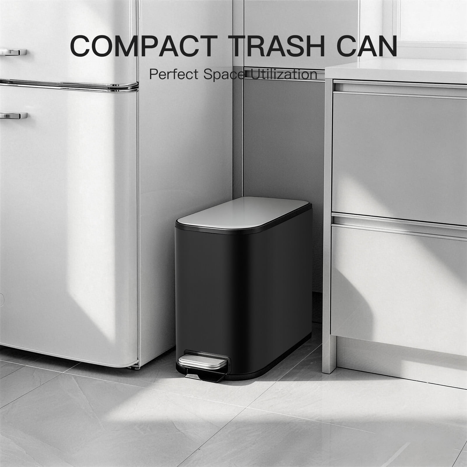 Slim Bathroom Trash Can with Lid Soft Close, Step Pedal, 8 Liter / 2.1 Gallon Stainless Steel Trash Bin, Small Garbage Cans for Bedroom, Office, Kitchen
