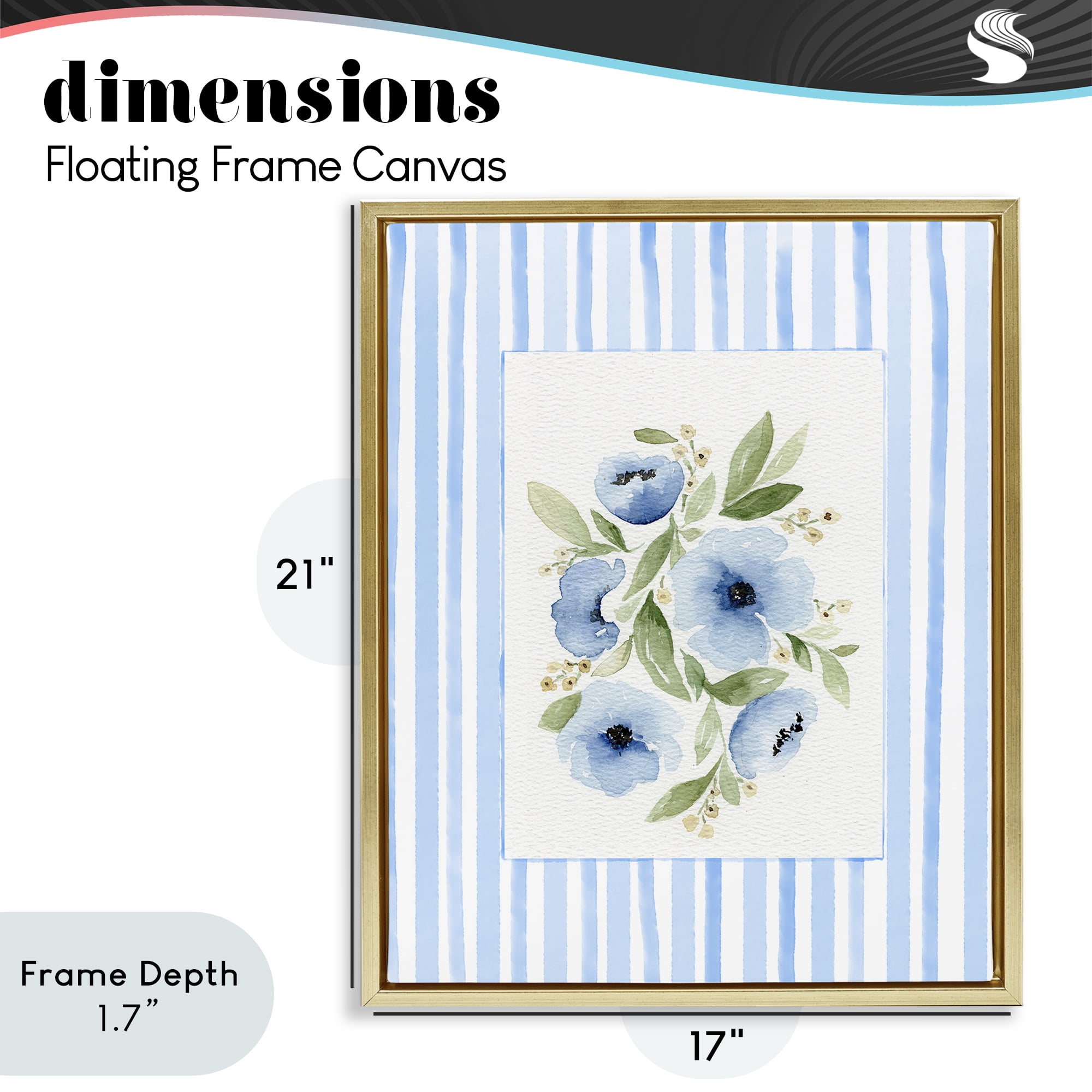 Stupell Industries Flowers With Stripe Border Gold Framed Floater Canvas Wall Art, design by Leah Noel Art