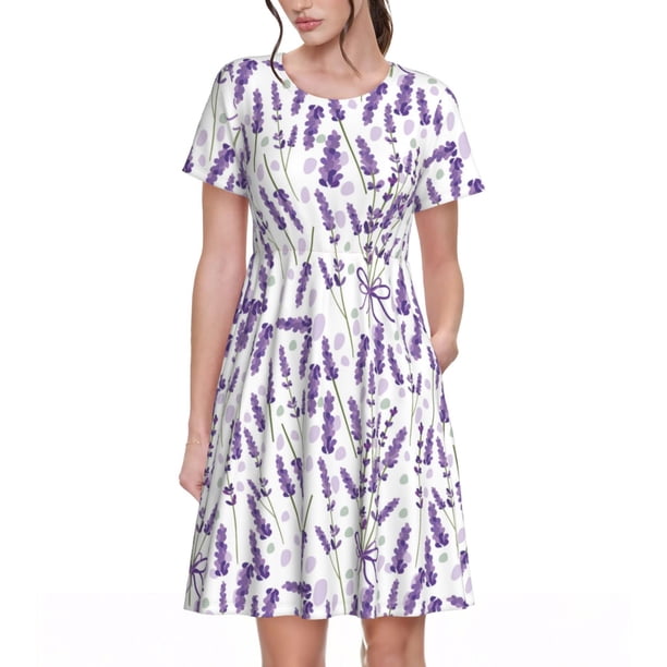 Disketp Lavender Flowers para Vestido de Manga Corta para Mujeres, Vestidos de Verano para Mujeres, Casual y Holgado para la Playa