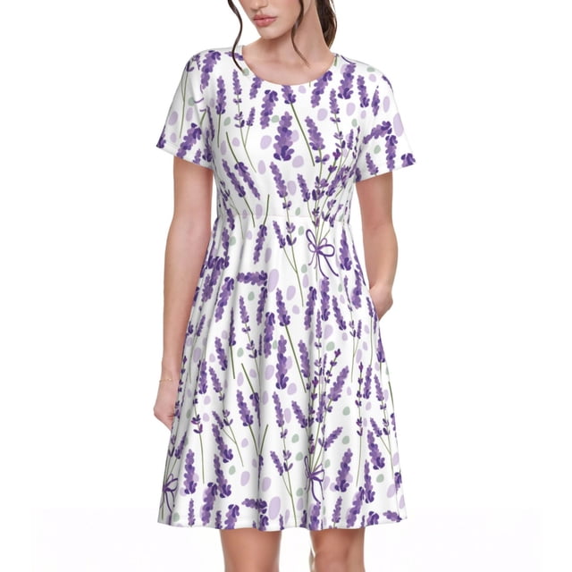 Disketp Lavender Flowers para Vestido de Manga Corta para Mujeres, Vestidos de Verano para Mujeres, Casual y Holgado para la Playa