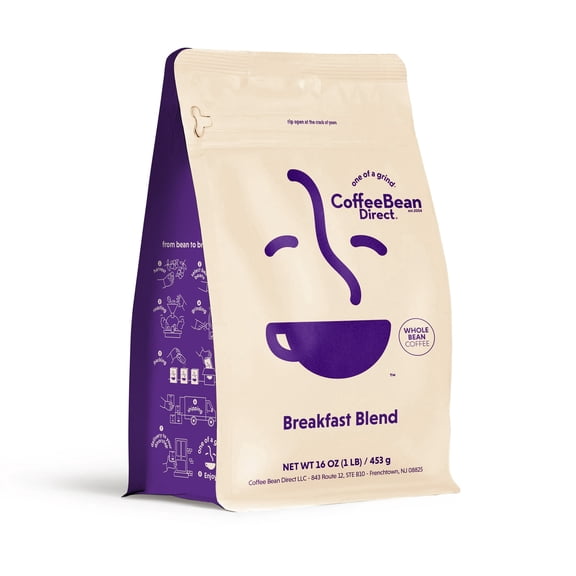 Coffee Bean Direct Breakfast Blend, Whole Bean Coffee, Mixed Roast Level, 1 lb Bag