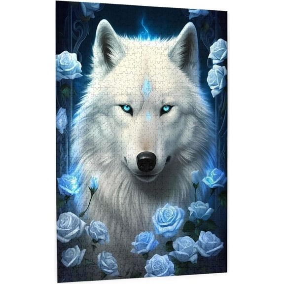 Puzzles For Adults 1000 Pieces White Wolf With Blue Rose Formation Wooden Active Thinking Party Entertainment Funny Wall Art Gift Jigsaw Puzzle