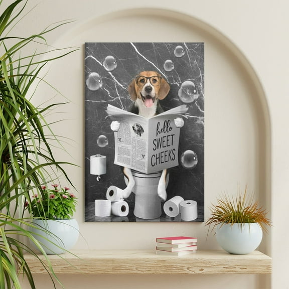 WFSposter Beagle Dog Sitting on Toilet Wall Art Bathroom Dog Wall Decor Black and White Animal Bathroom Funny Pictures Farmhouse Dog Wall Décor for Toilet Bathroom Framed Artwork 12x16in