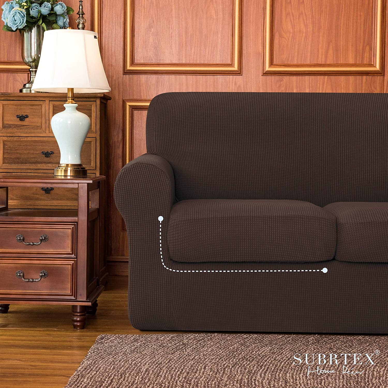 Subrtex 3-Piece High Spandex Textured Grid Sofa Slipcover, Separate Cushion Cover(Chocolate, Loveseat)
