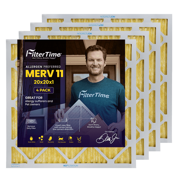 FilterTime 20x20x1 Pleated Air Filter, MERV 11, Allergen Preferred HVAC Furnace Air Filter, 4-Pack, Made in USA