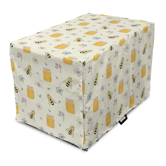 Bee Dog Crate Cover, Continuous Pattern of Honey Jars Animals and Spring Flowers Buzzing Motif, Easy to Use Pet Kennel Cover Small Dogs Puppies Kittens, 7 Sizes, Eggshell and Multicolor, by Ambesonne