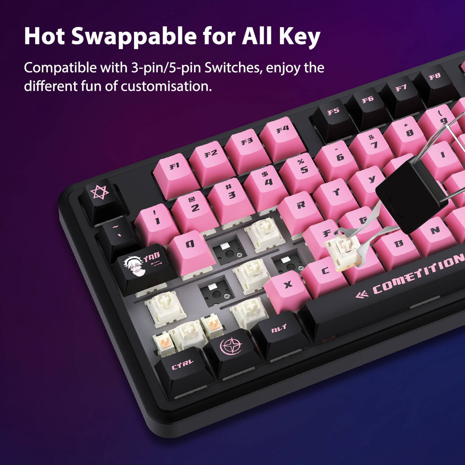 AUSDOM 98Pro Wireless Mechanical Gaming Keyboard, Tri-Mode (Bluetooth/2.4GHz/USB-C), Gasket Hot Swappable, Backlit, PBT Keycaps, Linear Switches, for Windows/Mac/PC(Manga Girl Theme)