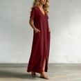 thumbnail image 6 of Dvprdro V Neck Short Sleeve Cotton Side Pockets Loose A Line Maxi Dress for Women Summer Beach Vacation Solid, 6 of 8