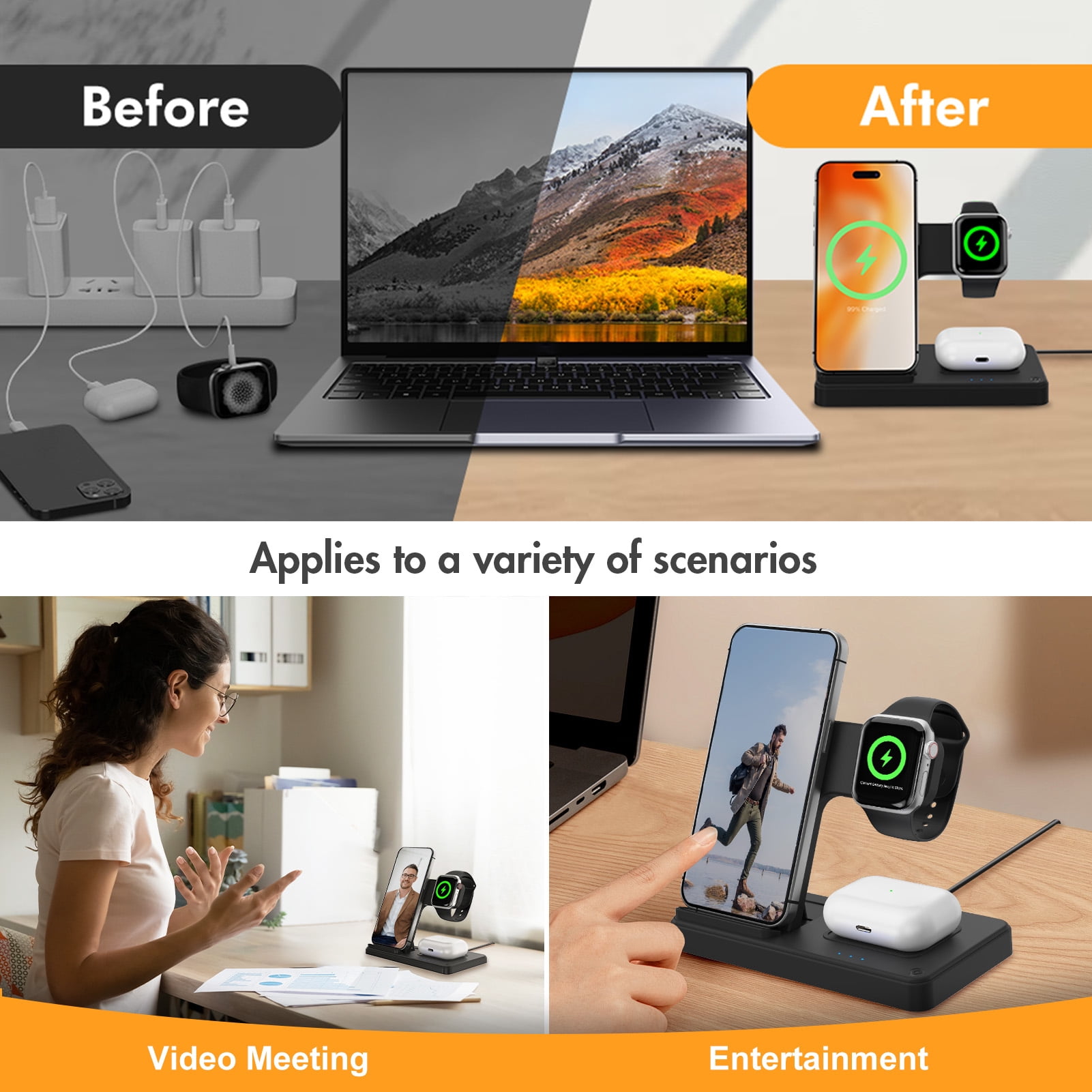 Wireless Charging Station,Amstech 3 in 1 Magnetic Fast Charger for iPhone 16 15 14 13 12 11 Pro Max Plus XS XR SE X 8,Wireless Charger for Apple Watch Series, For AirPods 3 2 Pro Black(2PK)