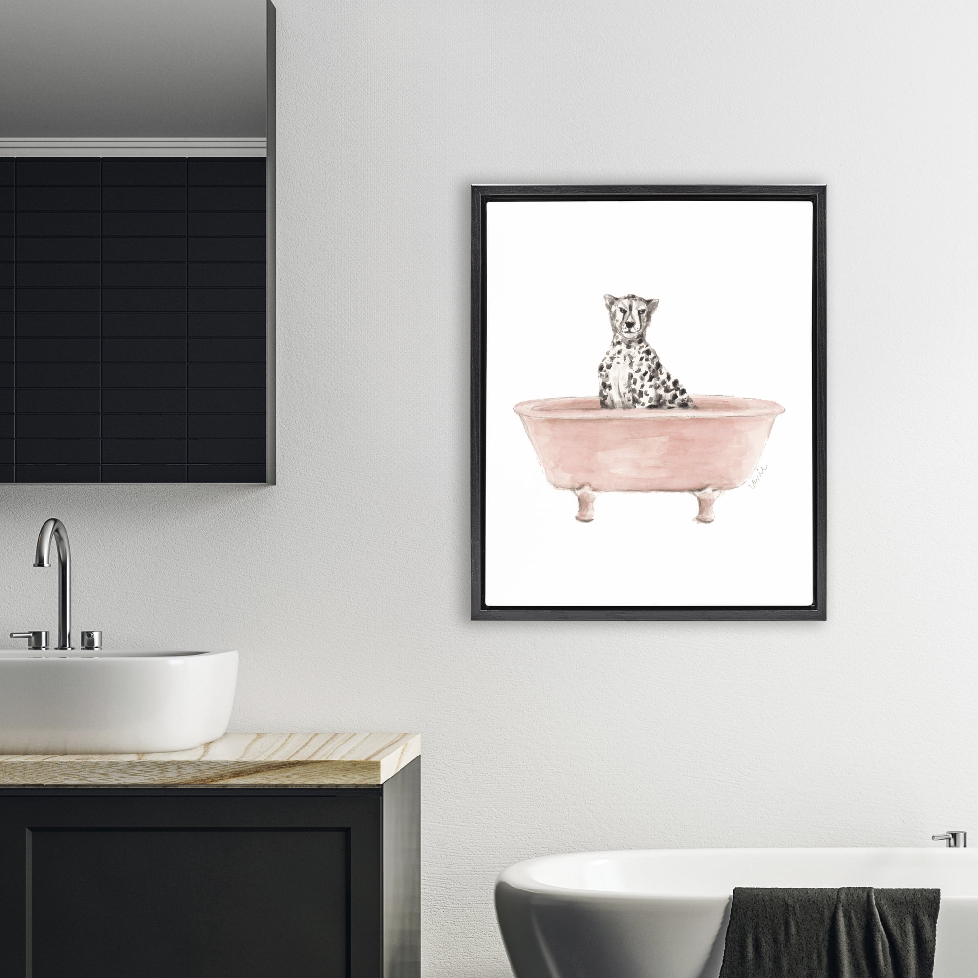 Stupell Industries Cheetah in Pink Tub Black Framed Floater Canvas Wall Art, design by Lanie Loreth