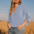 thumbnail image 2 of Ropa urbana para mujer,Camisa informal de mujer con cuello en V, manga corta, mezcla de algodón y lino, corte holgado, color liso, para uso diario, sopatenor, 2 of 9