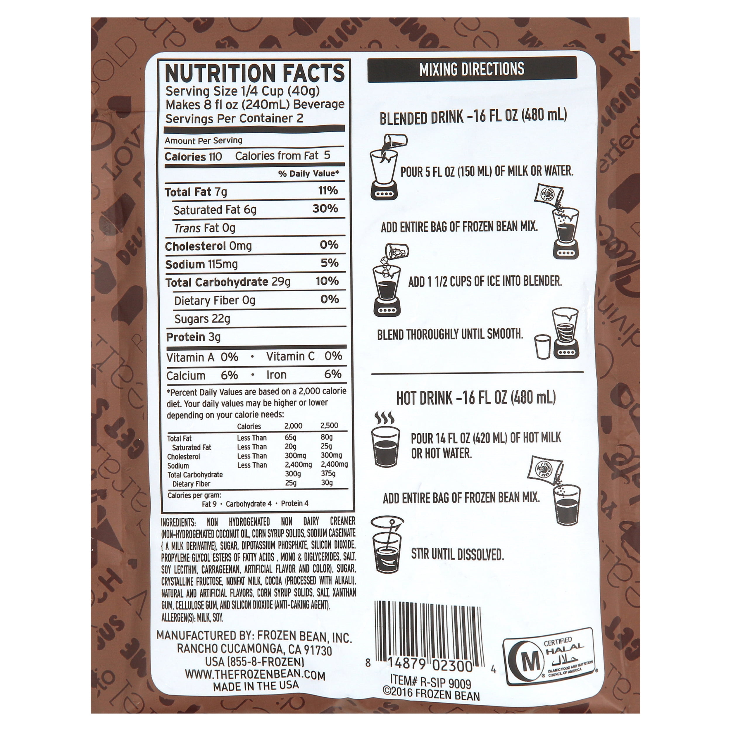 Frozen Bean Frozen Hot Chocolate Frappe mix, 2.8 oz. pack