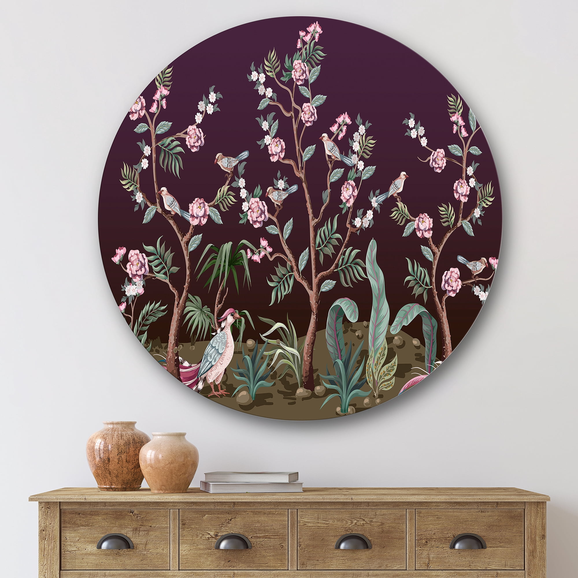 Designart 'Chinoiserie With Peonies and Birds I' Traditional Circle Metal Wall Art 29x29 - Disc of 29