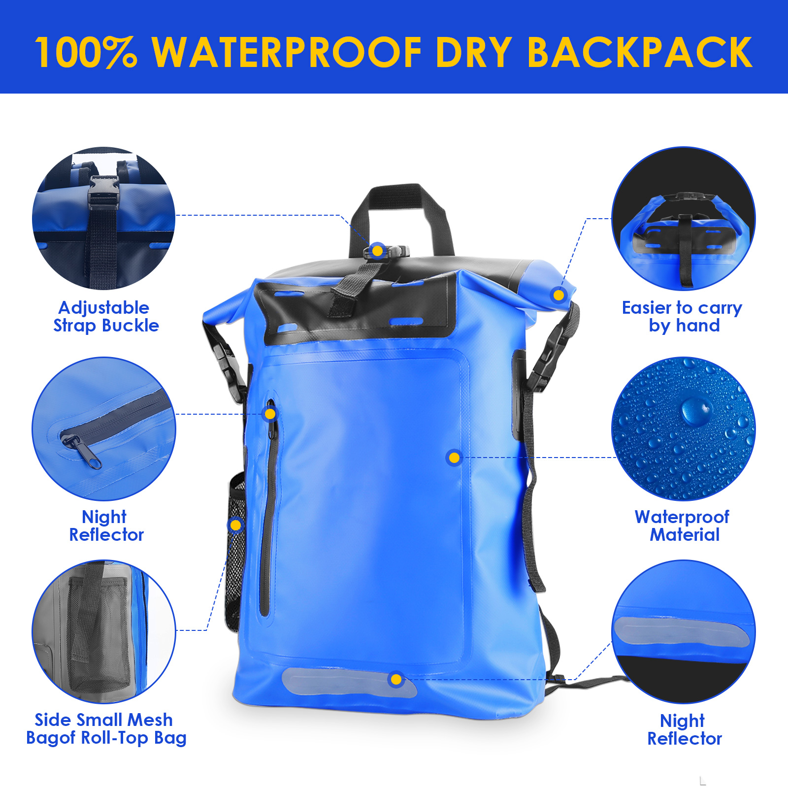 Wholefire 30L Dry Bag Waterproof Floating Backpack Heavy Duty Roll Top Dry Backpack In Blue for Kayaking, Camping, Hiking, Surfing