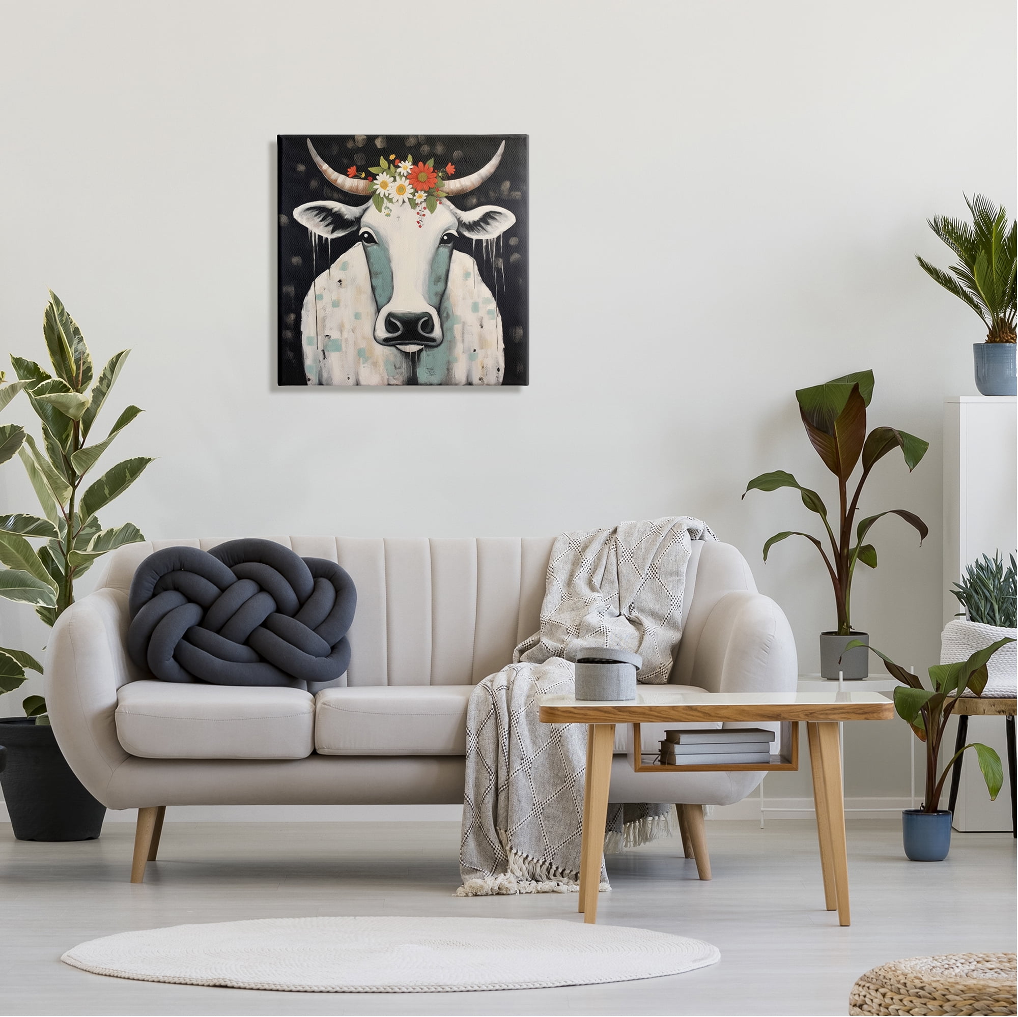 Stupell Industries Cow & Florals on Black Animals & Insects Painting Gallery Wrapped Canvas Art Print Wall Art, 24 x 24